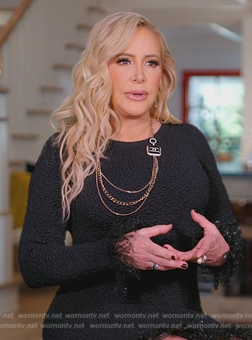 Shannon's black textured confessional dress on The Real Housewives of Orange County