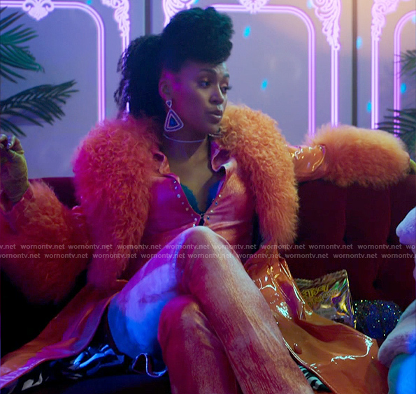 Sondi's orange fur collar coat on Run the World