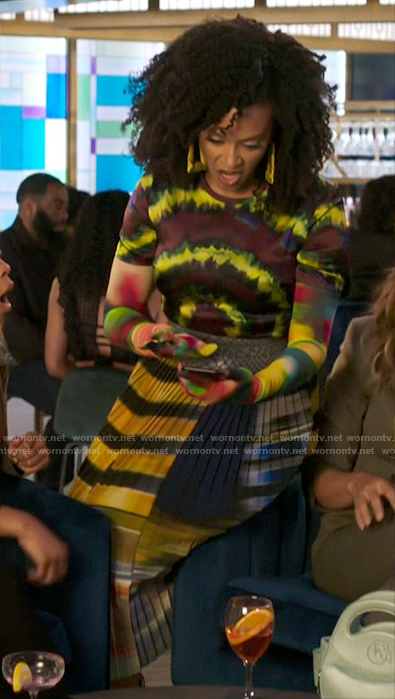 Sondi's tie dye top, gloves and skirt on Run the World