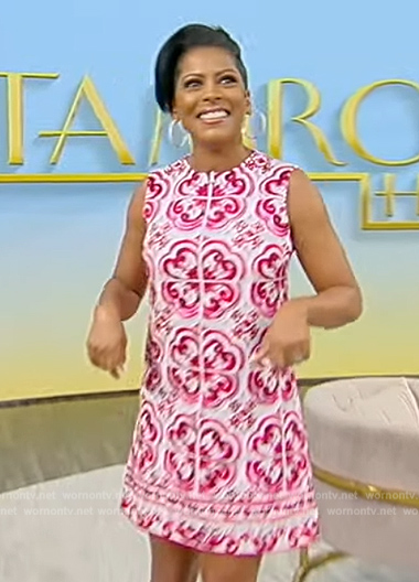 Tamron's red printed shift dress on Tamron Hall Show
