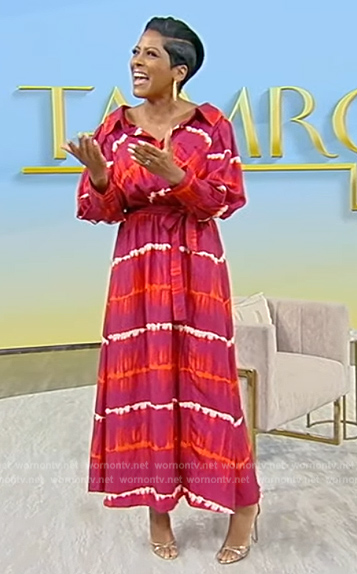 Tamron's red wrap tie dye dress on Tamron Hall Show