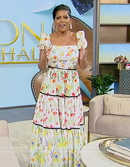 Tamron's white floral print square neck dress on Tamron Hall Show