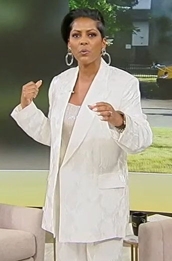 Tamron's white jacquard blazer and pants on Tamron Hall Show