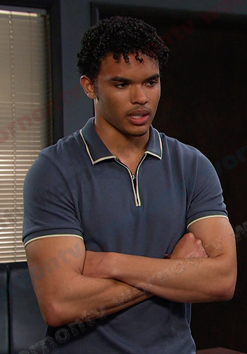 Theo's blue zip polo shirt on Days of our Lives