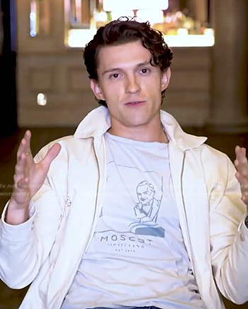 Tom Holland's grey Moscot print tee on E! News