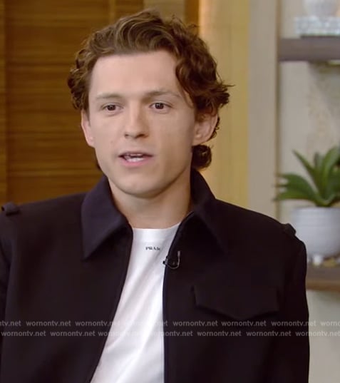 Tom Holland's white Prada logo tee on Live with Kelly and Mark