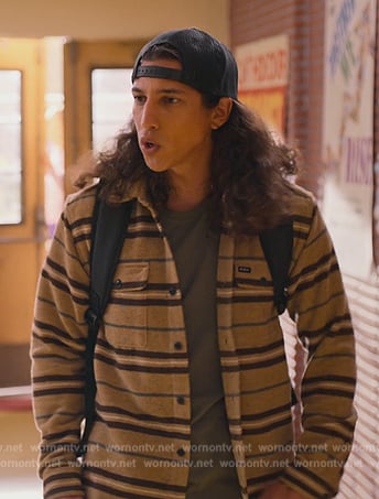 Trent's beige stripe flannel on Never Have I Ever