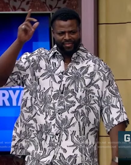 Winston Duke's floral print shirt and pants on Live with Kelly and Mark