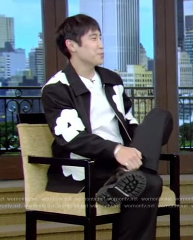 Young Mazino's black floral print jacket on Live with Kelly and Mark