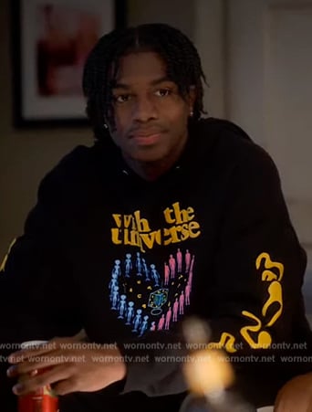 Zeke's black printed hoodie on Grown-ish
