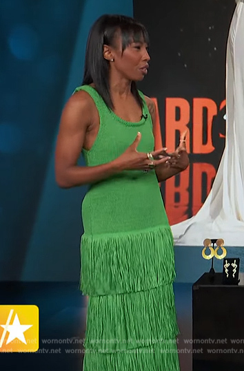 Zerina Akers' green sleeveless fringe dress on Access Hollywood