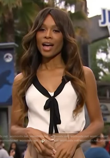 Zuri's white contrast tie neck top on Access Hollywood