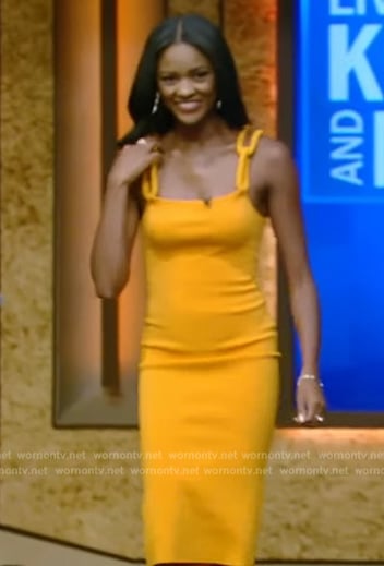 Charity Lawson's yellow chain strap dress on Live with Kelly and Mark