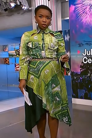 Zinhle Essamuah's green bandana print shirt and skirt on NBC News Daily