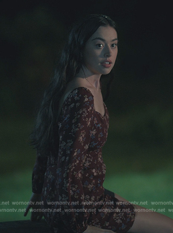 Annie's maroon floral print sweetheart dress on Sweet Magnolias