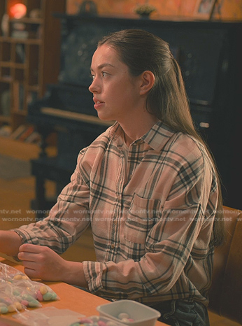 Annie's pink plaid button down shirt on Sweet Magnolias