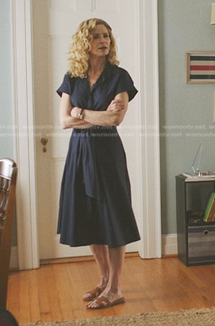 Julia's navy tie waist dress and sandals on The Summer I Turned Pretty