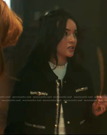 Bess's black contrast trim jacket on Nancy Drew