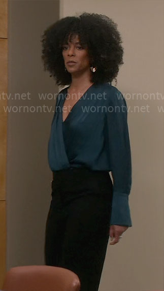 Beverly's teal satin wrap blouse on So Help Me Todd