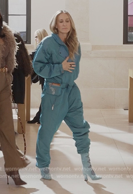 Carrie's blue suede boots on And Just Like That