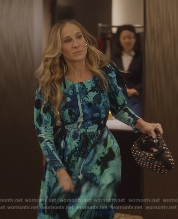 Carrie's blue printed dress on And Just Like That