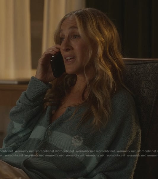 Carrie's blue stripe cardigan on And Just Like That
