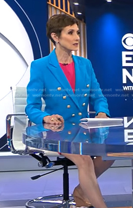 Catherine Herridge’s blue double breasted blazer on CBS Evening News