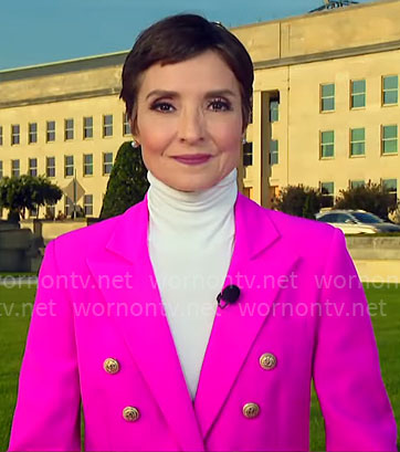 Catherine Herridge's pink double-breasted blazer on CBS Mornings