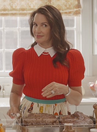 Charlotte's red puff sleeve sweater on And Just Like That