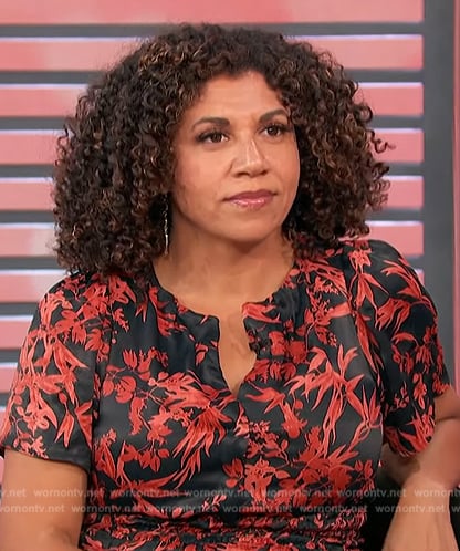 Damona Hoffman's black floral print mini dress on Access Hollywood