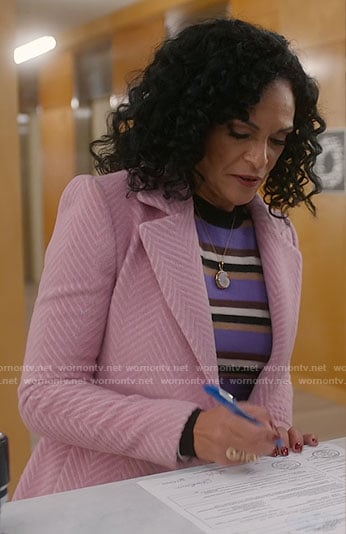 Francey's purple striped sweater and pink chevron coat on So Help Me Todd