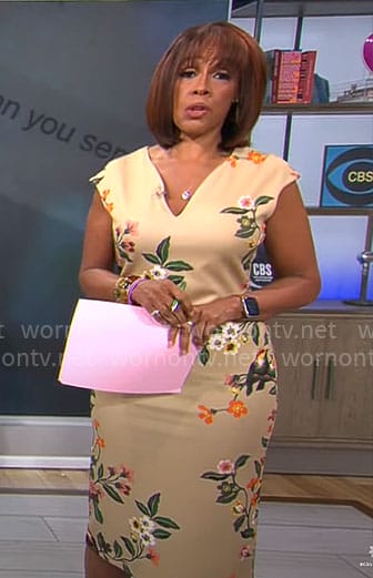 Gayle's beige floral v-neck sheath dress on CBS Mornings