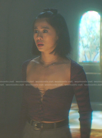 George's purple lace-up cropped top and blazer on Nancy Drew