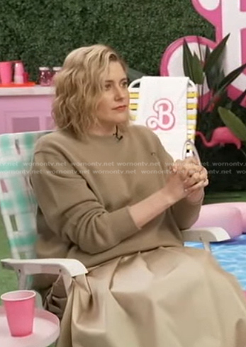 Greta Gerwig's beige logo sweater on Good Morning America
