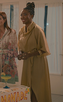 Helen's gold satin drape neck dress on Sweet Magnolias
