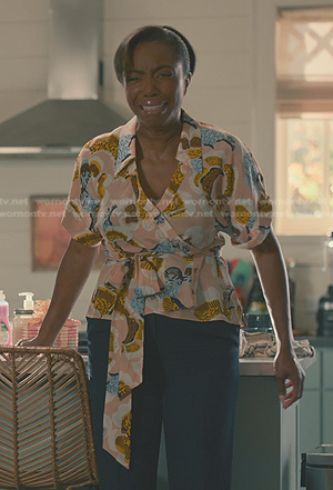 Helen's pink floral wrap blouse on Sweet Magnolias