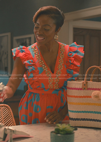 Helen's red print embellished dress on Sweet Magnolias