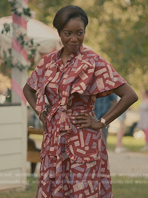 Helen's red geometric print dress on Sweet Magnolias