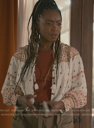 Helen's white printed tassel tie blouse on Sweet Magnolias