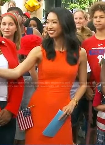 Jaclyn Lee's orange sleeveless dress on Good Morning America