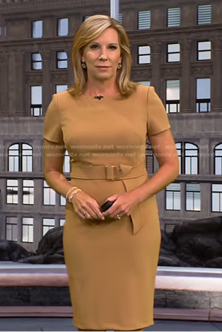 Jacqui Jeras's camel belted sheath dress on CBS Evening News