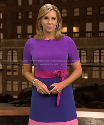 Jacqui Jeras's purple colorblock dress on CBS Evening News