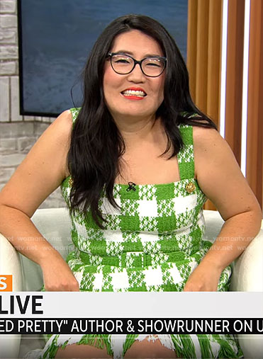 Jenny Han's green checked tweed dress on CBS Mornings