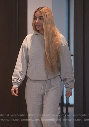 Kim's gray hoodie and sweatpants on The Kardashians