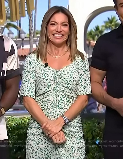 Kit's green floral print ruched dress on Access Hollywood
