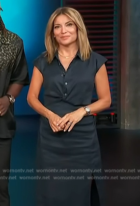 Kit's navy satin button down dress on Access Hollywood