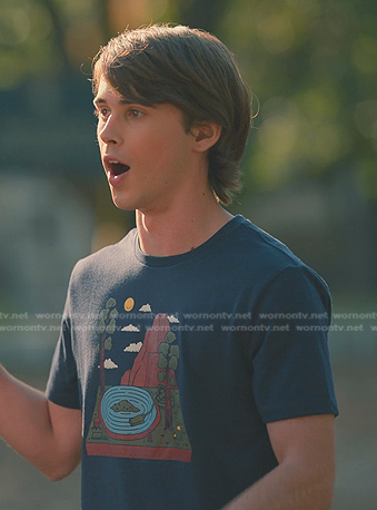 Kyle's navy record player print tee on Sweet Magnolias