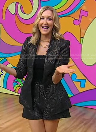 Lara's black metallic blazer jacket and shorts on Good Morning America