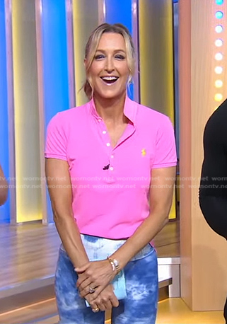 Lara's pink polo shirt and blue tie dye leggings on Good Morning America