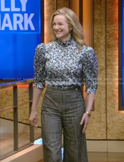 Laura Linney's blue floral print short sleeve top on Live with Kelly and Mark